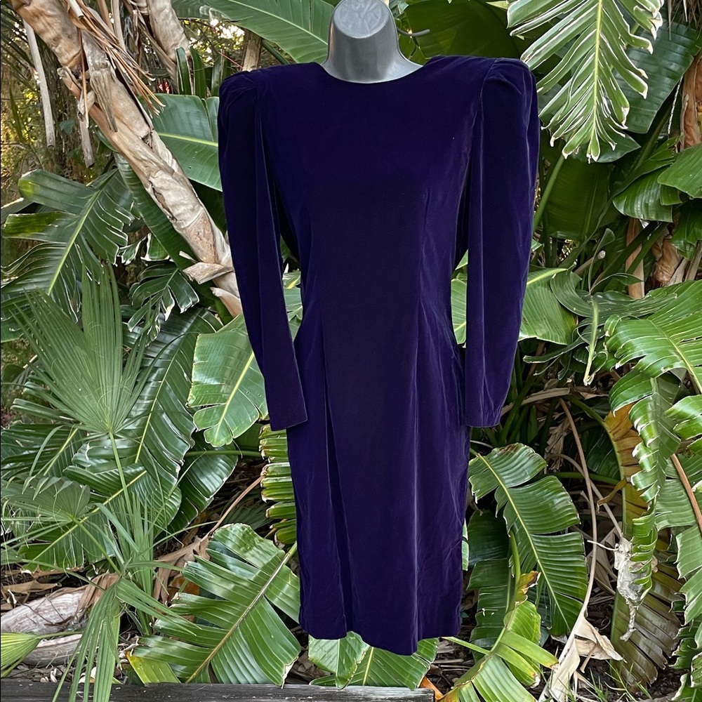 purple velvet wiggle vintage 80s dress with a low back power shoulders, large b